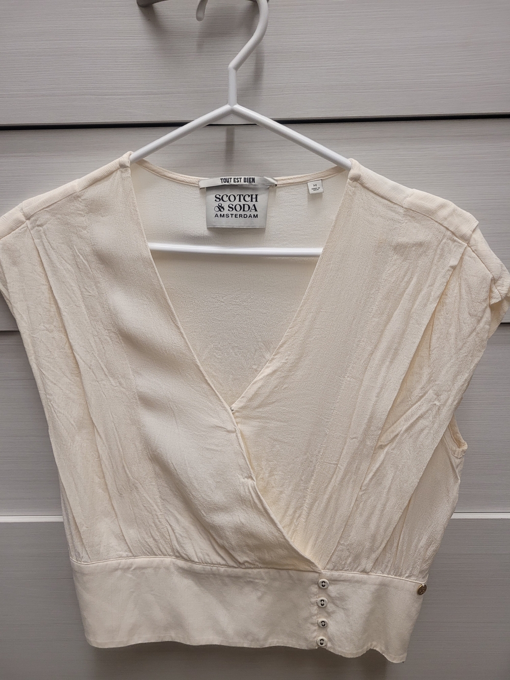 Scotch & Soda Cream Wrap-Style Crop Blouse with Snap Detail